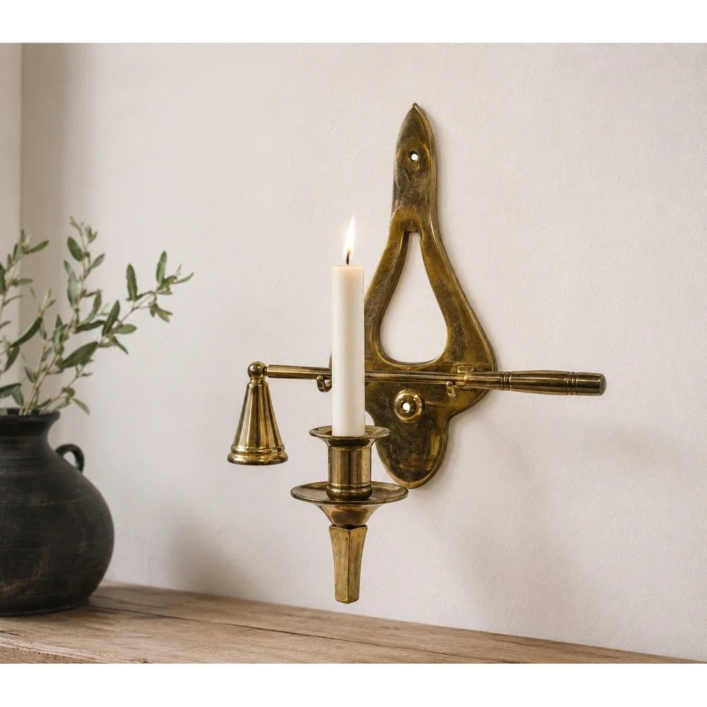 Vintage Brass Wall Mount Candle Holder with Snuffer Colonial Traditional